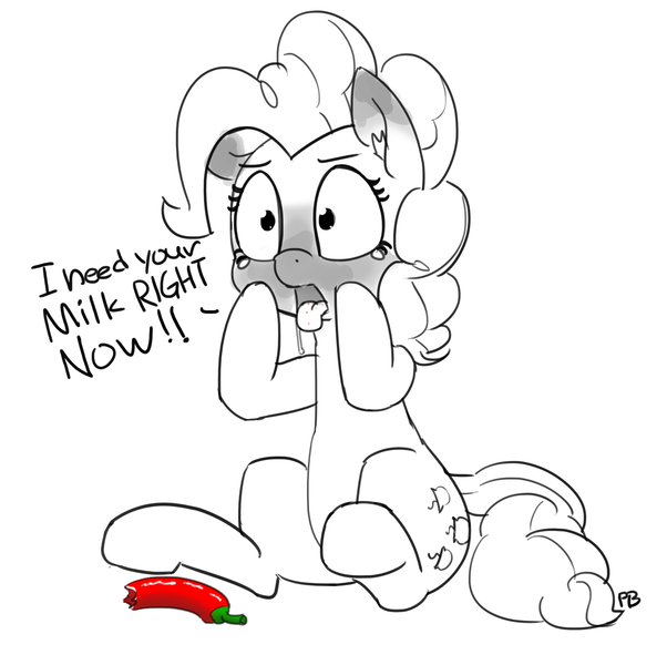 Size: 1280x1275 | Tagged: safe, artist:pabbley, derpibooru import, pinkie pie, chili pepper, chilli, crying, dialogue, drool, food, grayscale, monochrome, neo noir, open mouth, out of context, partial color, pepper, ponk, simple background, sitting, solo, spicy, tongue out, white background, wide eyes