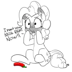 Size: 1280x1275 | Tagged: safe, artist:pabbley, derpibooru import, pinkie pie, chili pepper, chilli, crying, dialogue, drool, food, grayscale, monochrome, neo noir, open mouth, out of context, partial color, pepper, ponk, simple background, sitting, solo, spicy, tongue out, white background, wide eyes