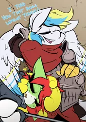 Size: 1204x1705 | Tagged: safe, artist:bbsartboutique, derpibooru import, oc, oc:cirrus sky, oc:mango tango, unofficial characters only, earth pony, hippogriff, original species, armor, dark souls, exhausted, helmet, relaxing, signature, smiling, spread wings, talons, tired, video game