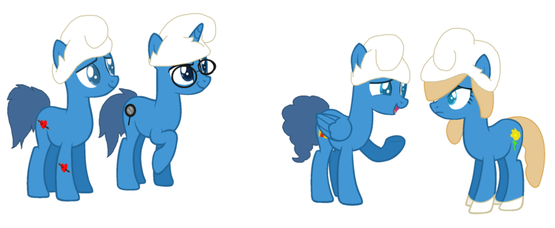 Size: 2661x1093 | Tagged: artist:mixelfangirl100, brainy smurf, clumsy, derpibooru import, hair over one eye, hat, hefty smurf, looking at each other, open mouth, ponified, raised hoof, safe, simple background, smiling, smurfette, smurfs, smurfs: the lost village (movie), the smurfs, transparent background, underhoof