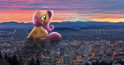 Size: 9000x4747 | Tagged: safe, artist:flutterbatismagic, derpibooru import, fluttershy, pony, absurd resolution, city, cityscape, concerned, crossover, giant pony, giantess, highrise ponies, irl, macro, mountain, oregon, photo, ponies in real life, portland, scenery, sunrise, sunset