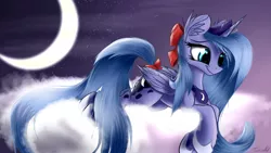 Size: 2560x1440 | Tagged: safe, artist:aurelleah, derpibooru import, princess luna, alicorn, pony, bow, cheek fluff, chest fluff, cloud, crescent moon, cute, ear fluff, female, fluffy, hair bow, happy, long mane, long tail, looking down, lunabetes, mare, moon, night, on a cloud, prone, s1 luna, smiling, solo, starry mane, stars, tail bow