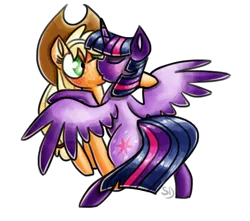 Size: 491x435 | Tagged: safe, artist:sallindaemon, derpibooru import, applejack, twilight sparkle, twilight sparkle (alicorn), alicorn, pony, female, kissing, lesbian, shipping, simple background, surprise kiss, surprised, transparent background, twijack