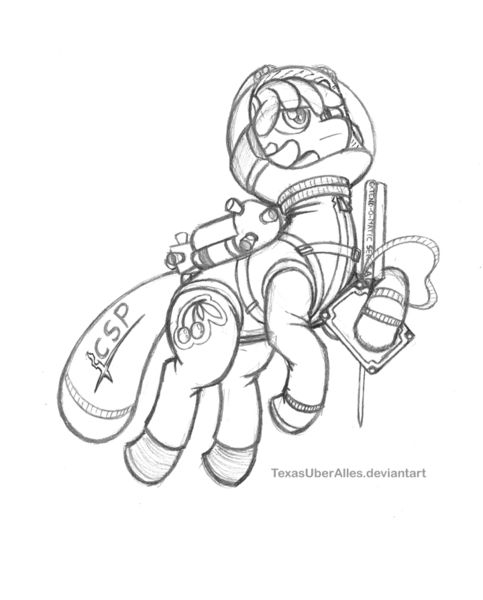Size: 720x894 | Tagged: safe, artist:texasuberalles, derpibooru import, cherry berry, earth pony, pony, fanfic, fanfic:changeling space program, astronaut, crossover, extend-o-matic series a1 deployable flag, fanfic art, grayscale, jetpack, kerbal space program, monochrome, simple background, sketch, solo, spacesuit, white background