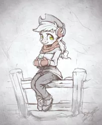 Size: 732x900 | Tagged: anthro, applejack, artist:assasinmonkey, beverage, clothes, cowboy hat, cup, derpibooru import, earmuffs, fence, hat, mittens, monochrome, pants, plantigrade anthro, safe, shoes, signature, sitting, solo, stetson, winter outfit