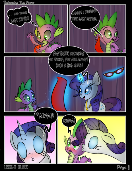 Size: 1275x1650 | Tagged: safe, artist:lennonblack, derpibooru import, rarity, spike, comic:returning the favor, blushing, comic, dialogue, explicit source, eyes closed, fabric, glasses, kiss on the cheek, kissing, magic, male, measuring tape, needle, rarity's glasses, shipping, sparity, speech bubble, straight