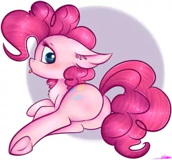 Size: 3484x3236 | Tagged: safe, artist:ashee, derpibooru import, pinkie pie, earth pony, pony, abstract background, balloonbutt, blushing, chest fluff, circle background, cute, diapinkes, ear fluff, female, frog (hoof), mare, plot, profile, prone, rear view, shiny, solo, tongue out, underhoof