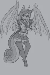 Size: 1200x1800 | Tagged: safe, artist:raptor007, derpibooru import, princess cadance, anthro, bat pony, plantigrade anthro, breasts, busty princess cadance, clothes, female, grayscale, midriff, miniskirt, monochrome, pleated skirt, royalty, school uniform, simple background, skirt, socks, solo, spread wings, stockings, thigh highs, zettai ryouiki