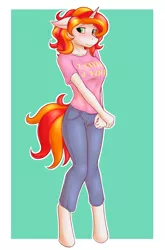 Size: 2800x4241 | Tagged: safe, artist:daf, derpibooru import, oc, oc:star shimmer, unofficial characters only, anthro, unguligrade anthro, unicorn, absurd resolution, blushing, clothes, cute, pants, pinup, shirt, solo