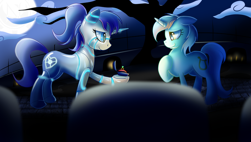 Size: 3000x1700 | Tagged: safe, artist:elmutanto, derpibooru import, lyra heartstrings, oc, oc:raribot, pony, robot, robot pony, canon x oc, full moon, graveyard, marriage proposal, moon, raribot, shipping