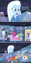 Size: 632x1256 | Tagged: safe, derpibooru import, edit, edited screencap, screencap, applejack, pinkie pie, rainbow dash, rarity, trixie, vinyl scratch, equestria girls, guitar centered, rainbow rocks, abuse, boots, clothes, electric guitar, guitar, high heel boots, ponied up, ponytail, rainbow douche, screencap comic, skirt, trixiebuse, wings