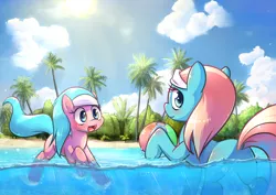 Size: 1684x1191 | Tagged: safe, artist:apony, derpibooru import, aloe, lotus blossom, earth pony, pony, ball, beach, cloud, cute, duo, duo female, female, mare, open mouth, plot, sky, smiling, spa twins, spaww twins, sun, tree, water