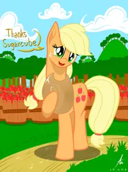 Size: 1280x1707 | Tagged: safe, artist:truffle shine, derpibooru import, applejack, apple, cloud, cowboy hat, food, grass, hat, looking at you, sky, solo, stetson, tree