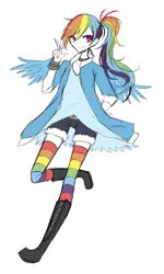 Size: 600x1000 | Tagged: alternate hairstyle, artist:elaphine, clothes, collar, derpibooru import, human, humanized, ponytail, rainbow dash, rainbow socks, safe, shirt, shorts, simple background, socks, solo, striped socks, sweatband, winged humanization