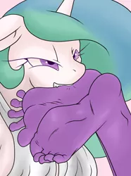 Size: 750x1010 | Tagged: anonymous artist, anthro, barefoot, biting, derpibooru import, feet, feet up, female, floppy ears, foot fetish, foot focus, implied anthro, legs in air, lesbian, lidded eyes, plantigrade anthro, princess celestia, shipping, simple background, soles, suggestive, toes, twilestia, twilight sparkle