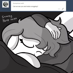 Size: 1440x1440 | Tagged: safe, artist:tjpones, derpibooru import, oc, oc:brownie bun, oc:richard, unofficial characters only, earth pony, human, pony, horse wife, ask, cute, descriptive noise, eyes closed, female, floppy ears, grayscale, horse noises, human male, male, mare, meme, monochrome, sleeping, smiling, snuggling, tjpones is trying to murder us, tumblr