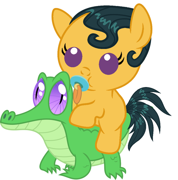 Size: 886x897 | Tagged: safe, artist:red4567, derpibooru import, cleopatra jazz, gummy, pony, dungeons and discords, baby, baby pony, cute, pacifier, ponies riding gators, riding