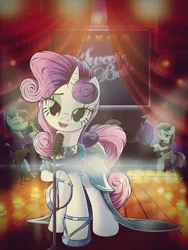 Size: 1500x2000 | Tagged: safe, artist:ruhisu, derpibooru import, blue note, coloratura, sweetie belle, earth pony, pony, unicorn, beautiful, clothes, dress, ear piercing, earring, gown, jewelry, lovely, luxor hotel & casino, microphone, musical instrument, neon, older, open mouth, piano, piercing, rara, saxophone, singing, stage