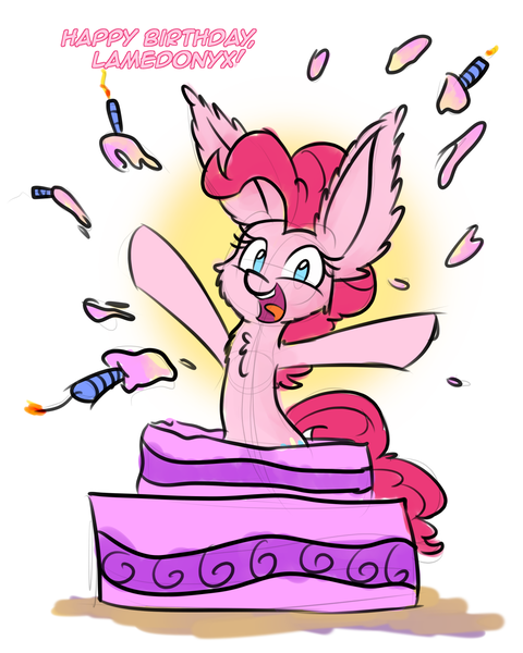 Size: 1280x1600 | Tagged: artist:heir-of-rick, birthday, birthday cake, cake, candle, chest fluff, cute, derpibooru import, diapinkes, food, impossibly large ears, looking at you, open mouth, pinkie pie, pop out cake, safe, simple background, smiling, solo, white background