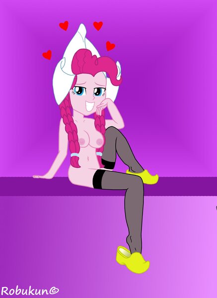Size: 1280x1757 | Tagged: questionable, artist:robukun, derpibooru import, pinkie pie, equestria girls, breasts, busty pinkie pie, clogs, clothes, dutch, dutch cap, female, hat, nipples, nudity, shoes, shoes only, show accurate, solo, solo female