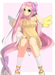 Size: 768x1039 | Tagged: alternate version, artist:mw-magister, bracelet, breasts, butterfly, clothes, colored pupils, delicious flat chest, derpibooru import, detached sleeves, dress, female, flattershy, flowing hair, fluttershy, human, humanized, impossibly long hair, jewelry, long hair, looking at you, safe, simple background, sitting, skirt, smiling, socks, solo, upskirt denied, white background, winged humanization, wings