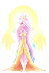 Size: 1500x2200 | Tagged: anthro, artist:elemental-fa, clothes, derpibooru import, dress, ethereal wings, princess celestia, safe, simple background, solo, spread wings, white background