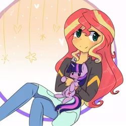 Size: 1000x1000 | Tagged: safe, artist:windymils, derpibooru import, sunset shimmer, twilight sparkle, twilight sparkle (alicorn), pony, equestria girls, clothes, cute, heart, holding a pony, jacket, leather jacket, pants, shimmerbetes, stars, twiabetes