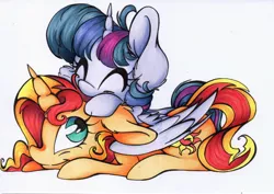 Size: 2454x1734 | Tagged: safe, artist:cutepencilcase, derpibooru import, sunset shimmer, twilight sparkle, twilight sparkle (alicorn), alicorn, pony, unicorn, :t, cuddling, cute, eyes closed, female, floppy ears, fluffy, hug, lesbian, looking up, lying down, mare, pony hat, prone, shimmerbetes, shipping, simple background, smiling, snuggling, sunsetsparkle, traditional art, twiabetes, winghug