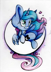 Size: 1731x2444 | Tagged: safe, artist:cutepencilcase, derpibooru import, princess luna, chest fluff, cute, fluffy, impossibly large ears, missing accessory, moon, on back, simple background, smiling, solo, spread wings, tangible heavenly object, traditional art, underhoof, waving, white background