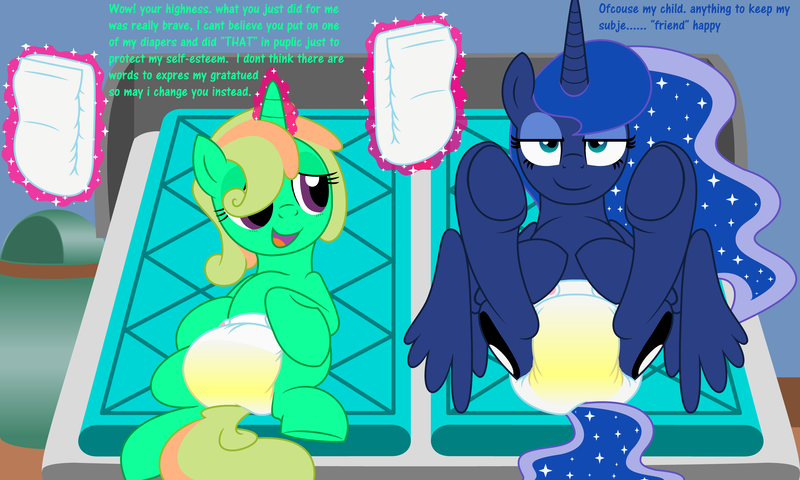 Size: 10000x6000 | Tagged: absurd resolution, artist:evilfrenzy, changing table, cute, derpibooru import, diaper, diaper change, diaper fetish, misspelling, oc, oc:breeze blitz, on back, poofy diaper, princess luna, questionable, story in the source, underhoof, urine, wet diaper