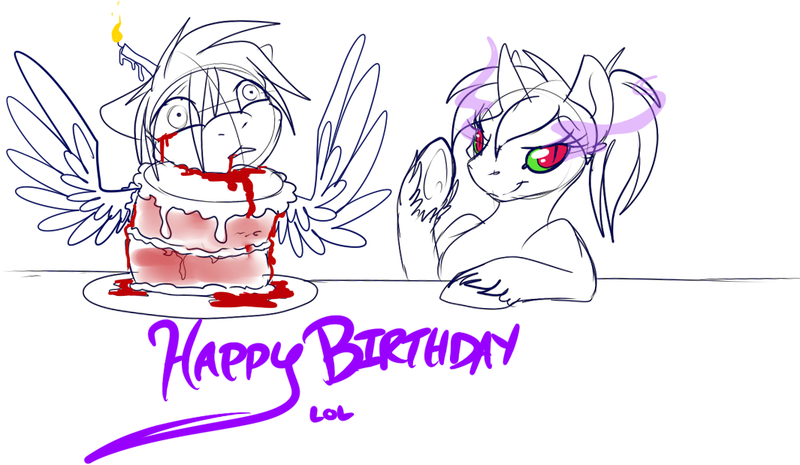 Size: 1065x619 | Tagged: artist:felisrandomis, blood, cake, candle, corrupted, dead, decapitated, derpibooru import, food, grimdark, oc, oc:mercury shine, oc:solar flash, severed head, sombra eyes, text, unofficial characters only, unshorn fetlocks