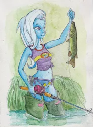 Size: 468x640 | Tagged: suggestive, artist:daisymane, derpibooru import, trixie, fish, equestria girls, legend of everfree, belly button, clothes, female, fishing, fishing rod, midriff, panties, solo, solo female, traditional art, underwear