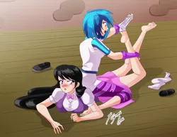 Size: 2786x2153 | Tagged: suggestive, artist:shinta-girl, derpibooru import, octavia melody, vinyl scratch, equestria girls, rainbow rocks, barefoot, blushing, breasts, busty octavia, clothes, commission, couple, feet, female, foot fetish, humanized, imminent tickles, lesbian, lying down, scratchtavia, shipping, shoes, signature, sitting on person, socks, soles, vinyl