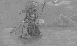 Size: 2100x1252 | Tagged: armor, artist:theandymac, breath, changeling, changeling oc, cloak, clothes, derpibooru import, male, monochrome, moon, night guard, oc, oc:evening breeze, royal guard, safe, solo, spear, traditional art, unofficial characters only, weapon