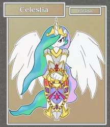 Size: 1688x1950 | Tagged: anthro, armor, artist:brownie-bytes, crossover, derpibooru import, fantasy class, final fantasy, frown, glare, knight, paladin, princess celestia, safe, shield, solo, spread wings, sword, unguligrade anthro, warrior, weapon