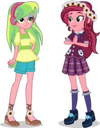 Size: 4739x6000 | Tagged: safe, artist:limedazzle, derpibooru import, gloriosa daisy, lemon zest, equestria girls, legend of everfree, absurd resolution, beautiful, classy, clothes, clothes swap, cute, daisybetes, duo, floral head wreath, flower, flower in hair, freckles, green, hands together, headphones, high heels, pleated skirt, request, school uniform, shoes, shorts, simple background, skirt, socks, transparent background, vector, zestabetes