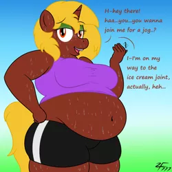 Size: 1280x1280 | Tagged: suggestive, artist:zeldafan777, derpibooru import, oc, oc:totty, unofficial characters only, anthro, unicorn, bbw, belly, big belly, braces, breasts, fat, female, looking at you, obese, solo, solo female, sweat, talking to viewer