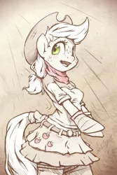 Size: 600x900 | Tagged: anthro, applejack, arm hooves, artist:assasinmonkey, bandana, clothes, cowboy hat, cute, derpibooru import, freckles, hat, jackabetes, monochrome, open mouth, safe, solo, stetson, unguligrade anthro