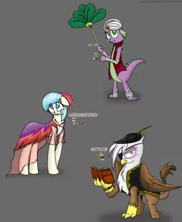 Size: 1280x1551 | Tagged: safe, artist:stuflox, derpibooru import, coco pommel, gilda, spike, gryphon, the count of monte rainbow, ali, book, clothes, crossover, dress, eyepatch, hermine danglars, luigi vampa, reference sheet, the count of monte cristo, turban