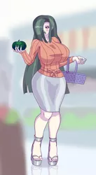 Size: 735x1340 | Tagged: artist:annon, basket, big breasts, bimbo, blushing, breasts, busty marble pie, derpibooru import, eyeshadow, female, grocery store, hair over one eye, high heels, huge breasts, human, humanized, lipstick, makeup, marble pie, safe, solo