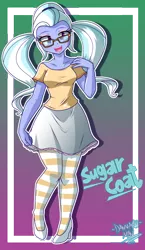 Size: 2030x3500 | Tagged: safe, artist:danmakuman, derpibooru import, sugarcoat, equestria girls, friendship games, alternate costumes, clothes, commission, cute, glasses, high heels, looking at you, pantyhose, pigtails, shoes, skirt, skirt pull, smiling, solo, striped pantyhose, sugarcute, twintails