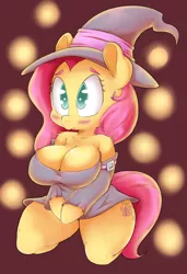 Size: 1077x1573 | Tagged: adorasexy, anthro, arm hooves, artist:graphenescloset, artist:purple-yoshi-draws, big breasts, blushing, breasts, busty fluttershy, cleavage, cute, derpibooru import, female, fluttershy, hat, sexy, solo, solo female, suggestive, unguligrade anthro, witch, witch hat