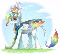 Size: 1181x1080 | Tagged: safe, artist:aphphphphp, derpibooru import, oc, unofficial characters only, alicorn, classical unicorn, pony, alicorn oc, clothes, colored wings, leonine tail, multicolored wings, rainbow wings, scarf, simple background, solo