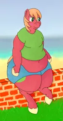 Size: 947x1813 | Tagged: anthro, artist:lupin quill, beach, belly, belly button, bhm, big belly, bigger macintosh, big macintosh, blushing, brick wall, chubby, chubby cheeks, clothes, derpibooru import, double chin, fat, fat legs, male, moobs, neck fat, neck roll, obese, rolls of fat, shirt, shorts, solo, solo male, suggestive, thick legs, thunder thighs, unguligrade anthro, wardrobe malfunction