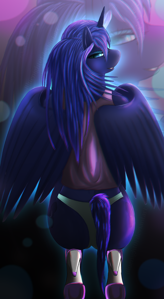 Size: 1100x2000 | Tagged: anthro, artist:bluenight01, ass, bedroom eyes, clothes, derpibooru import, female, from behind, looking at you, looking back, moonbutt, panties, plantigrade anthro, princess luna, solo, solo female, suggestive, thong, underwear, white underwear