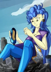Size: 1307x1859 | Tagged: safe, artist:colonel-gabbo, derpibooru import, sapphire shores, equestria girls, breasts, city, clothes, destruction, equestria girls-ified, female, giantess, macro, pants, solo