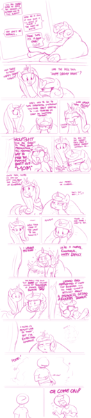 Size: 1034x4740 | Tagged: questionable, artist:shoutingisfun, derpibooru import, princess cadance, princess flurry heart, oc, oc:anon, alicorn, human, pony, angry, annoyed, clothes, comic, drool, eyes closed, female, flailing, friday night, frown, glare, heavy sarcasm, human male, levitation, lidded eyes, magic, male, mare, monochrome, mother and daughter, oh come on, older, on back, open mouth, princess emo heart, sarcasm, sexual harassment, shirt, sigh, simple background, smiling, sparkles, spread wings, teenage flurry heart, teenager, telekinesis, teleportation, vulgar, white background, wide eyes, yelling
