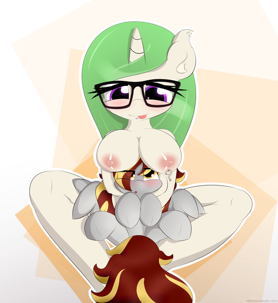 Size: 2700x2944 | Tagged: questionable, artist:n0nnny, derpibooru import, oc, oc:aurora horse, oc:tinker toy, unofficial characters only, anthro, anthro oc, anthro on pony action, blushing, boobhat, breasts, cuddling, cute, female, glasses, interspecies, messy mane, nipples, nudity, snuggling
