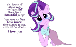 Size: 1530x957 | Tagged: safe, artist:newportmuse, derpibooru import, part of a set, starlight glimmer, pony, unicorn, beautiful, bronybait, clothes, crying, cute, dialogue, dress, everypony is beautiful, female, glimmerbetes, looking at you, mare, part of a series, raised hoof, simple background, smiling, solo, tears of joy, teary eyes, text, transparent background, wavy mouth