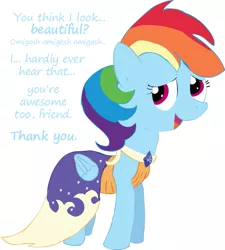 Size: 767x852 | Tagged: artist:newportmuse, beautiful, clothes, derpibooru import, dialogue, dress, embarrassed, everypony is beautiful, folded wings, gala dress, looking at you, part of a series, part of a set, rainbow dash, rainbow dash always dresses in style, safe, simple background, solo, white background